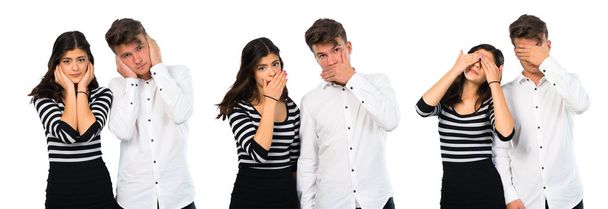 Koláž z mladého páru pokrývající ústa rukama - Fotografie, Obrázek