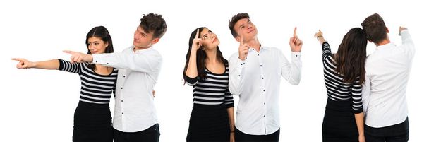 Fiatal pár mutatva a mutató ujjával kollázs - Fotó, kép
