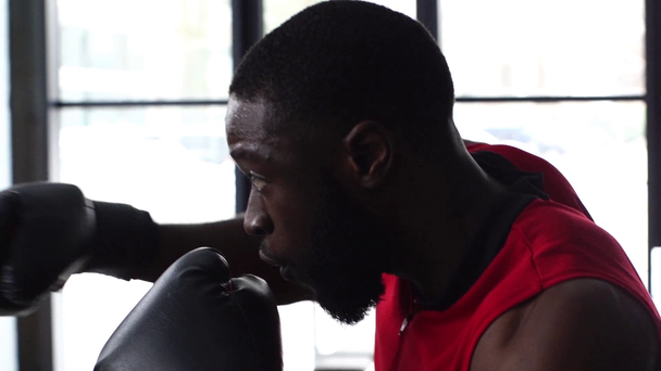 Afryki amerykański bokser treningu na siłowni w zwolnionym tempie - Materiał filmowy, wideo