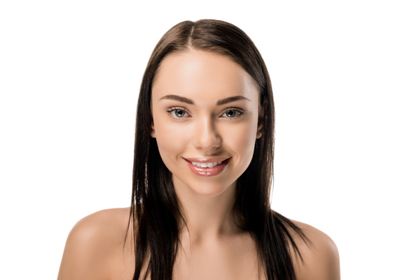 portrait of attractive naked girl smiling at camera isolated on white   - Fotografie, Obrázek