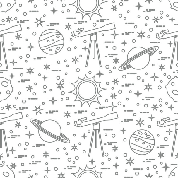 Seamless pattern with telescope, sun, planets, stars. Space exploration. Astronomy. Science - Vector, Image
