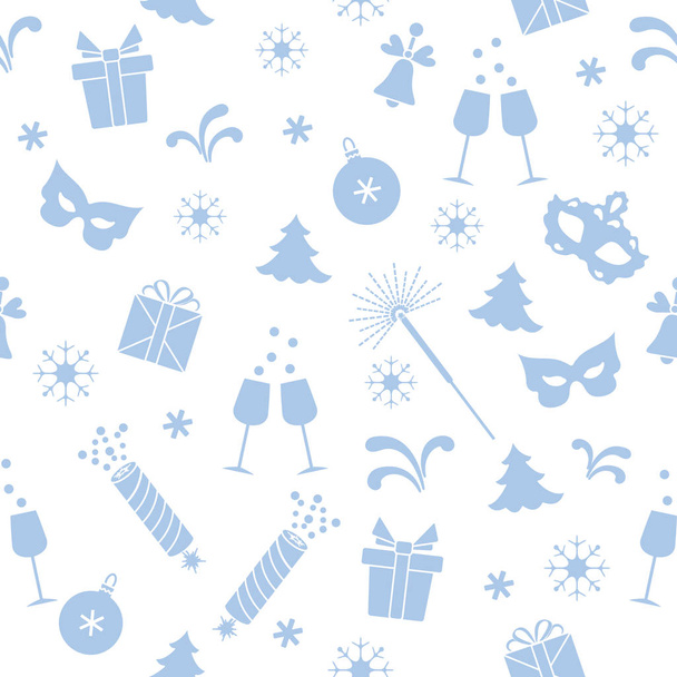 Seamless pattern with new year symbols. Gifts, firecrackers, fireworks, bead, glasses with champagne, bell, christmas tree, mask, calendar, stars, snowflakes. - Διάνυσμα, εικόνα