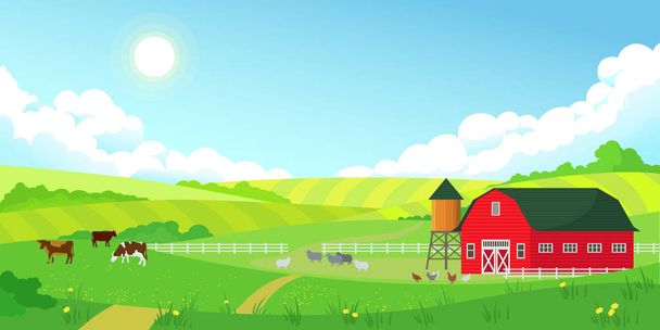 Colorful farm summer landscape, blue clear sky with sun, red barn - Vector, Image