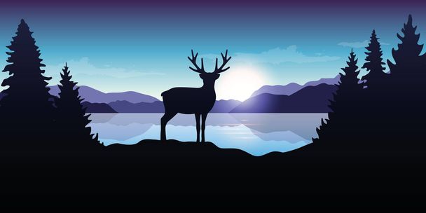 reindeer by the lake at sunrise blue wildlife nature landscape - Vector, Image