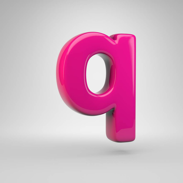 ピンク色のプラ Q の文字の小文字。白い背景に分離された 3 d レンダリング光沢のあるフォント - 写真・画像