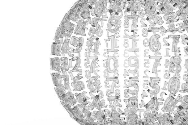 Esfera o planeta, compuesta por caracteres numéricos, tipografía CGI, vidrio transparente, blanco y negro B & W, para diseño gráfico o fondo
. - Foto, Imagen