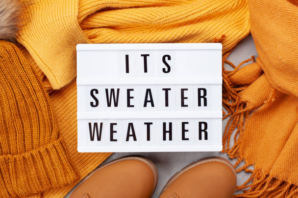 Flat lay with comfort warm outfit for cold weather. Lightbox with the text It's Sweater Weather. Comfortable autumn, winter clothes shopping, sale, style in trendy colors concept - Photo, Image