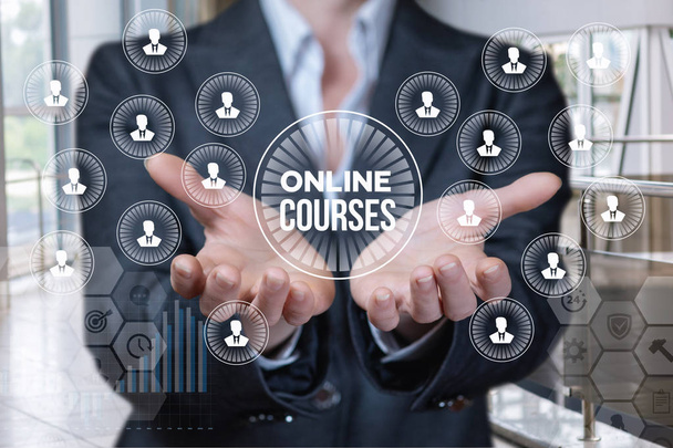 A businesswoman is showing a digital system of human figures icons with the online sign inside. The concept is the online business course principle - Photo, Image