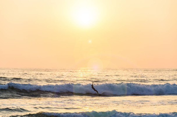 Szörfözés a naplemente. Fiatal férfi hullám lovaglás a naplemente. - Fotó, kép