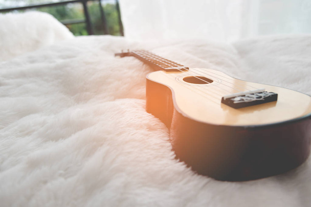 Malé kytary na bílé vlny. Hudební nástroje a rekreační pojetí. Téma cestování a Relax. - Fotografie, Obrázek