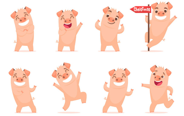 Vektorové malý kreslený prasata postavy vystupují v různých situacích. Ilustrace set roztomilé piggys. Prasátko ilustrace pro kartu, plakáty, pozvánky, dětský pokoj, dekorace. Sada 2 - Vektor, obrázek
