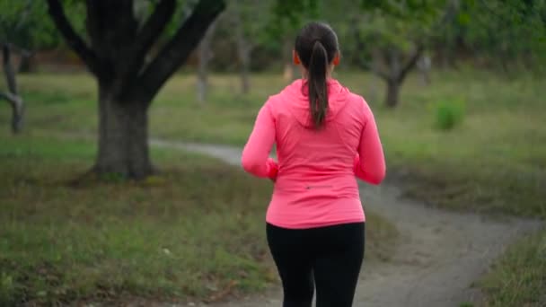 Primer plano de la mujer corriendo a través de un parque de otoño al atardecer, vista trasera. Movimiento lento
 - Metraje, vídeo