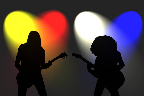 sylwetki dwóch gitarzystów rock w kolorowych reflektorów - Zdjęcie, obraz
