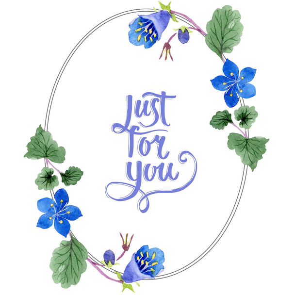 Blue phacelia flower. Watercolor background. Frame floral round. Just for you handwriting monogram calligraphy. - Foto, Imagen