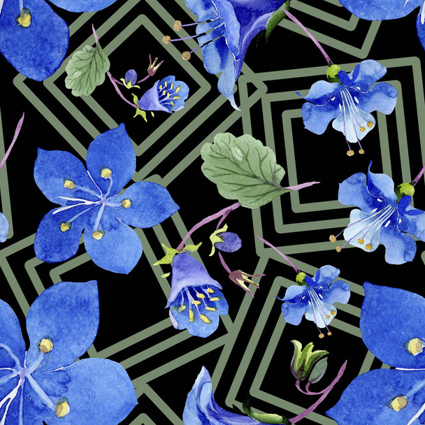 Blue phacelia flower. Watercolor illustration set. Seamless background pattern. Fabric wallpaper print texture. - Photo, Image