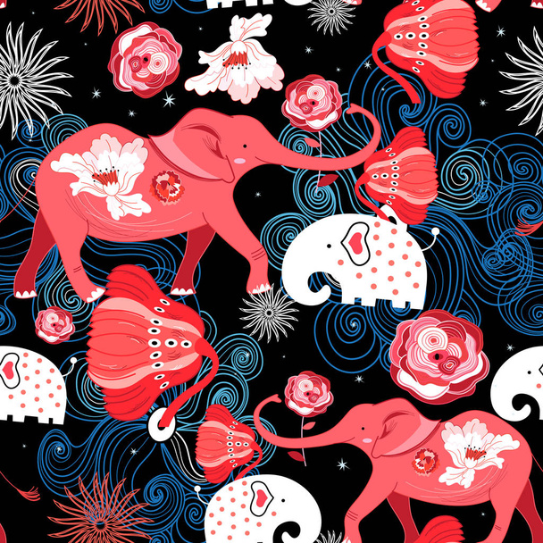 Seamless bright festive pattern of red elephants with roses on a dark decorative background. - Вектор,изображение