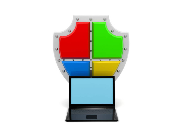 ordenador con escudo brillante que representa la imagen de representación de protección 3d. - Foto, Imagen