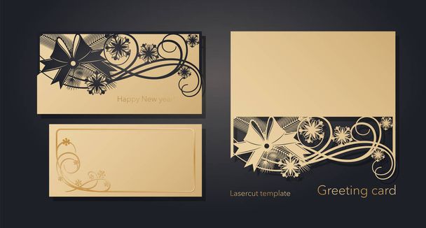 New Years and Christmas. Laser greeting card template, invitations for New Year events. Winter openwork, snow pattern from craft paper, cardboard, gold embossed insert card. Vector illustration. - Vector, Image