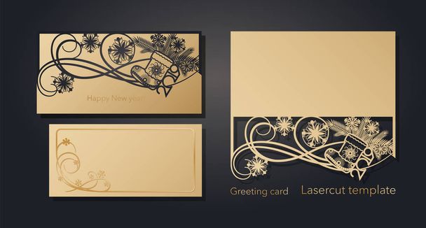 New Years and Christmas. Laser greeting card template, invitations for New Year events. Winter openwork, snow pattern from craft paper, cardboard, gold embossed insert card. Vector illustration. - Vector, Image
