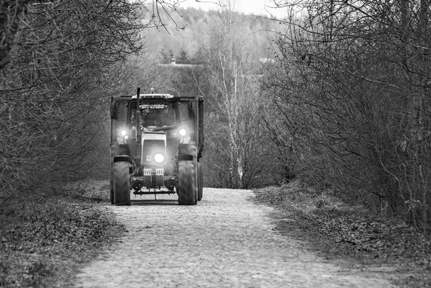Traktor na dlážděné silnici jezdí se světly po celém lese, dělá práci v terénu po soumraku. Monohrom - Fotografie, Obrázek