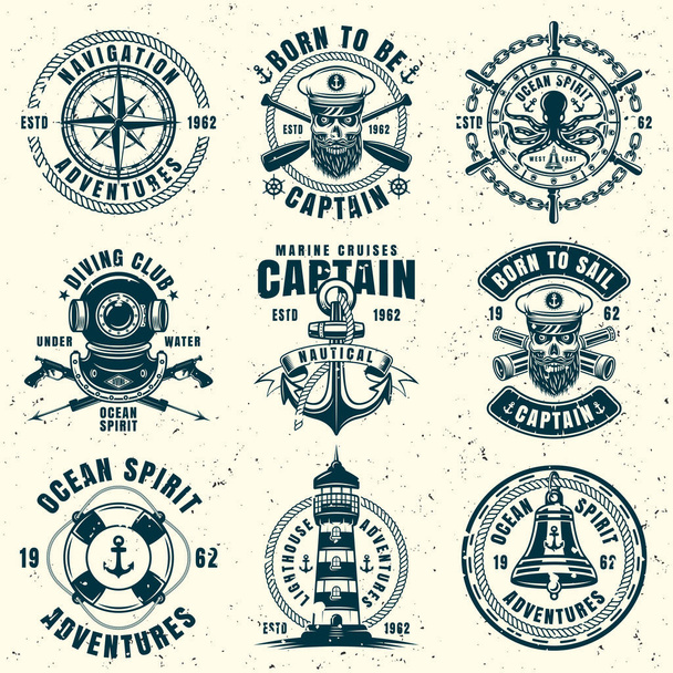 Nautical set of nine vector vintage style emblems - Vettoriali, immagini