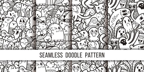 Colección de divertidos monstruos doodle patrón sin costuras para impresiones, diseños y libros para colorear
 - Vector, Imagen