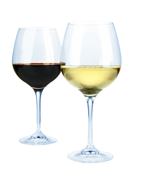 Two glasses of red and white wine, isolated on white - 写真・画像