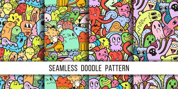 Sammlung lustiger Doodle-Monster mit nahtlosem Muster für Drucke, Designs und Malbücher - Vektor, Bild
