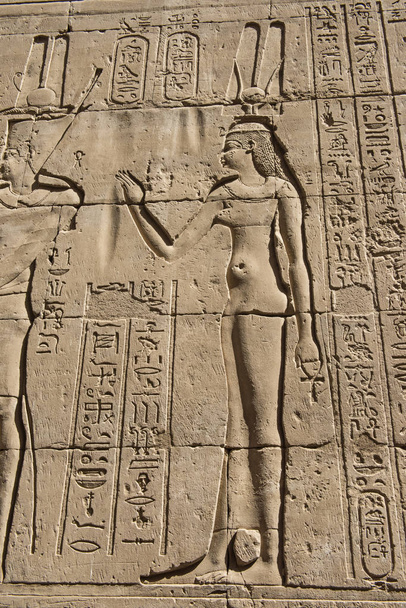 Hieroglypické řezby na zdi ve starověkém egyptském chrámu Hóra v Edfu - Fotografie, Obrázek