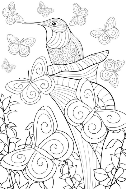 A cute hummingbird in a flower on the  background with butterflies image for relaxing activity.Zen art style illustration for adults.A coloring book,page for print.Poster design. - Vector, Image