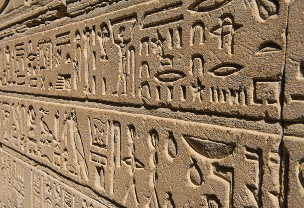 Hieroglyoppisia kaiverruksia seinään muinaisessa egyptiläisessä Horuksen temppelissä Edfussa
 - Valokuva, kuva