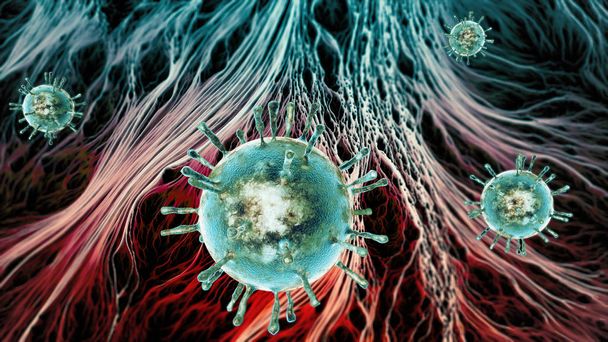 ウイルス、微生物、重複、伝搬します。形成細菌や微生物の顕微鏡の下で見られます。3 d レンダリング。遺伝、細菌。新種のウイルス。伝染病伝播のリスク - 写真・画像