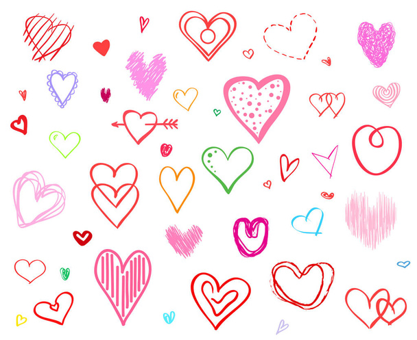 handgezeichnete bunte Herzen auf weißem Hintergrund. eine Reihe von Liebeszeichen. einzigartige Illustration für Design. Linienkunst - Vektor, Bild