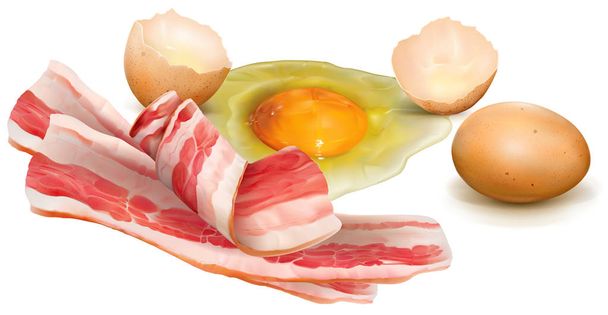 Chicken eggs broken and whole and bacon on a white background. Vector mesh illustration - Vector, Image
