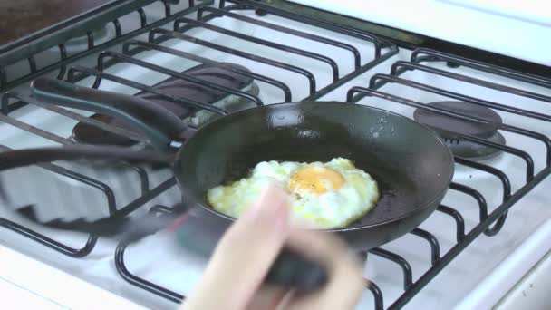 τηγανητό αυγό σε ένα τηγάνι. κουζίνα βγάζει το αυγό από το τηγάνι και να το σερβίρουν σε ένα πιάτο. - Πλάνα, βίντεο