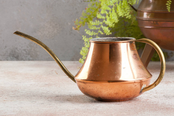 Old copper watering can on concrete background. Copy space for text. - Photo, Image