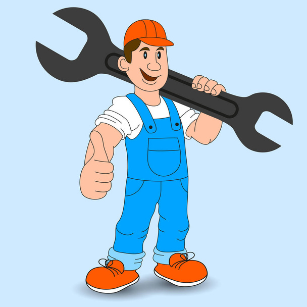 Cartoon mechanic werknemer met een moersleutel, vectorillustratie. - Vector, afbeelding