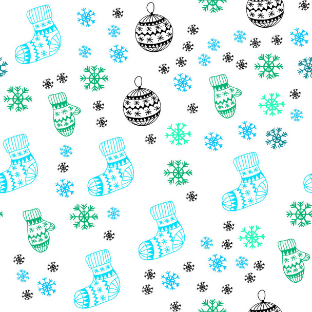 Jasnoniebieski, bezszwowe tło wektor zielony z Boże Narodzenie śniegu, kulki, skarpetki, rękawiczki. Nowoczesne geometrycznej ilustracja streszczenie. Projektowanie pod kątem tapeta, producentów tkanin. - Wektor, obraz