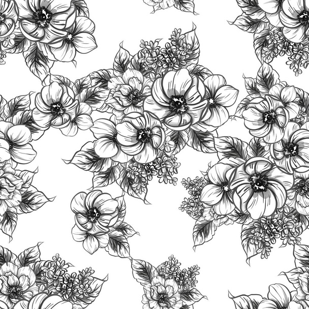 Seamless vintage style flower pattern. Floral elements in black and white. - Vector, afbeelding