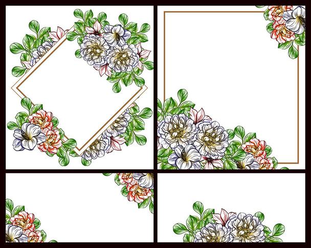 Vintage style flower love cards set in color. Floral elements and frames. - ベクター画像