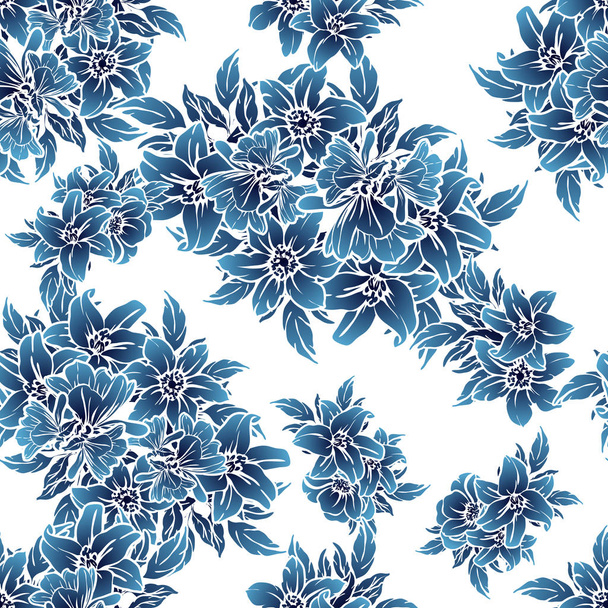 Seamless vintage style monochrome dark blue colored flower pattern. Floral elements. - ベクター画像