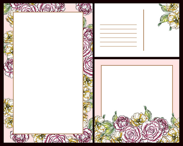 Vintage style flower love cards set in color. Floral elements and frames. - Vettoriali, immagini