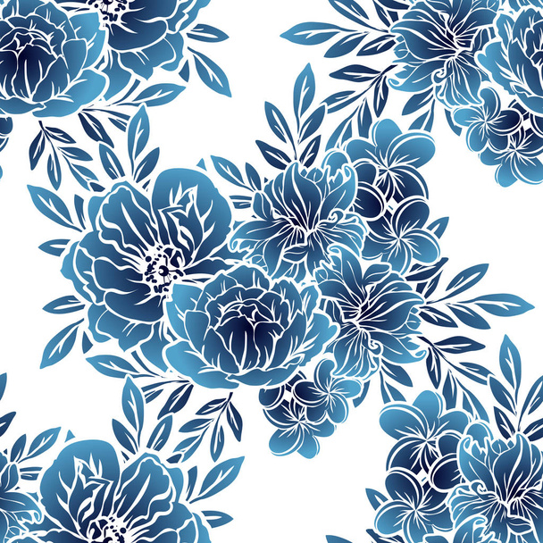 Seamless vintage style monochrome dark blue colored flower pattern. Floral elements. - Wektor, obraz