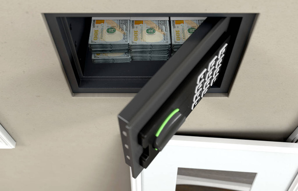 Открытый скрытый стеновый сейф со стопками купюр за долларом, обнаруженный за висящей рамкой картины на стене в доме - 3D рендеринг
 - Фото, изображение