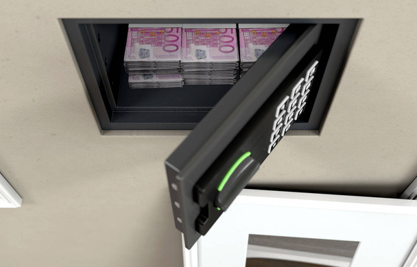 Открытый скрытый стенной сейф со стопками банкнот евро, обнаруженный за висящей рамкой картины на стене в доме - 3D рендеринг
 - Фото, изображение