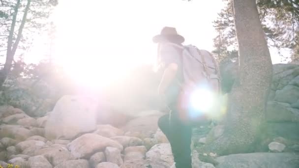 Young beautiful local girl with backpack and camera hiking alone, climbing big rocks at Yosemite forest slow motion. - Video, Çekim