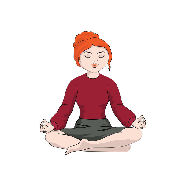 Бизнесвумен (девушка, женщина) сидит в позе йоги. Векторная цветная иллюстрация
 - Вектор,изображение