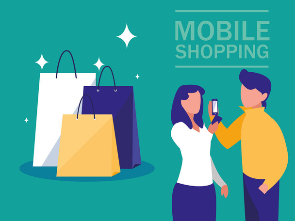 міні-люди зі смартфоном та покупками онлайн
 - Вектор, зображення