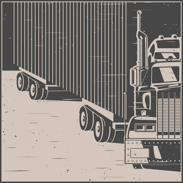 Ilustração estilizada sobre o tema transporte e logística. Caminhão grande com reboque em estilo poster retro
 - Vetor, Imagem