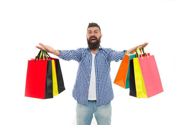 brutal caucasian hipster with moustache. Bearded man with shopping bags.. Shopping sale. Male barber care. Black Friday. Cyber Monday. Mature happy hipster with beard. Online shop - Фото, зображення